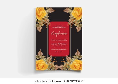 WEDDING INVITATION FRAME WITH FLOWER DECORATIONS AND FRESH LEAVES