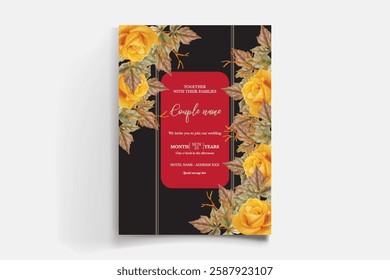 WEDDING INVITATION FRAME WITH FLOWER DECORATIONS AND FRESH LEAVES