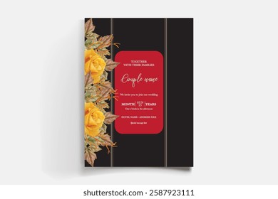 WEDDING INVITATION FRAME WITH FLOWER DECORATIONS AND FRESH LEAVES