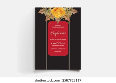 WEDDING INVITATION FRAME WITH FLOWER DECORATIONS AND FRESH LEAVES