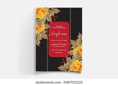 WEDDING INVITATION FRAME WITH FLOWER DECORATIONS AND FRESH LEAVES