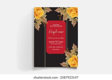 WEDDING INVITATION FRAME WITH FLOWER DECORATIONS AND FRESH LEAVES