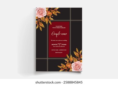 WEDDING INVITATION FRAME WITH FLOWER DECORATIONS AND FRESH LEAVES