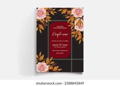 WEDDING INVITATION FRAME WITH FLOWER DECORATIONS AND FRESH LEAVES