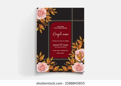 WEDDING INVITATION FRAME WITH FLOWER DECORATIONS AND FRESH LEAVES