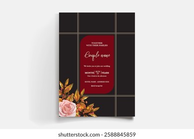 WEDDING INVITATION FRAME WITH FLOWER DECORATIONS AND FRESH LEAVES