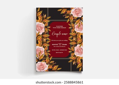 WEDDING INVITATION FRAME WITH FLOWER DECORATIONS AND FRESH LEAVES