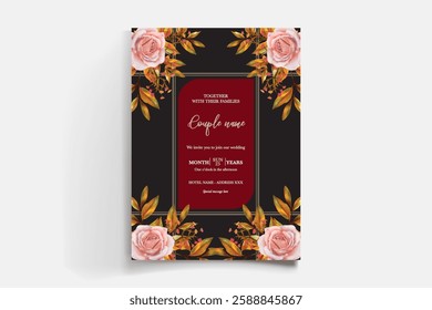 WEDDING INVITATION FRAME WITH FLOWER DECORATIONS AND FRESH LEAVES