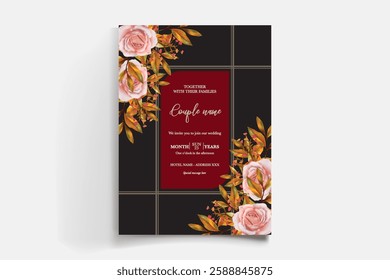 WEDDING INVITATION FRAME WITH FLOWER DECORATIONS AND FRESH LEAVES