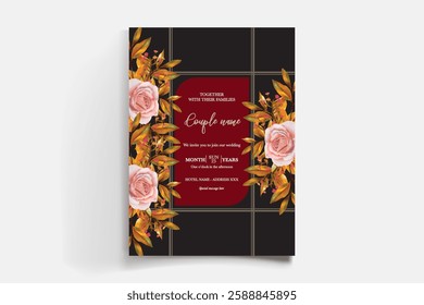 WEDDING INVITATION FRAME WITH FLOWER DECORATIONS AND FRESH LEAVES