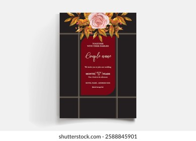 WEDDING INVITATION FRAME WITH FLOWER DECORATIONS AND FRESH LEAVES