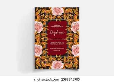 WEDDING INVITATION FRAME WITH FLOWER DECORATIONS AND FRESH LEAVES