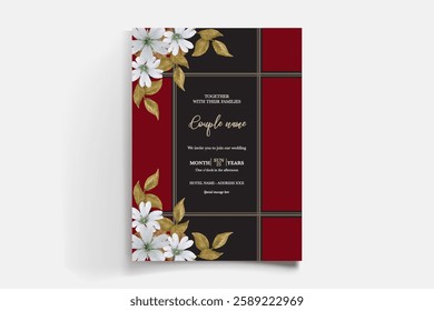 WEDDING INVITATION FRAME WITH FLOWER DECORATIONS AND FRESH LEAVES 