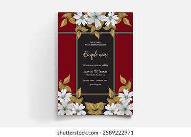WEDDING INVITATION FRAME WITH FLOWER DECORATIONS AND FRESH LEAVES 
