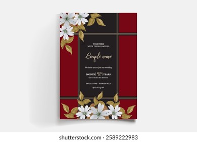 WEDDING INVITATION FRAME WITH FLOWER DECORATIONS AND FRESH LEAVES 