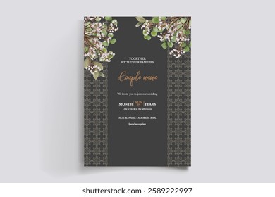 WEDDING INVITATION FRAME WITH FLOWER DECORATIONS AND FRESH LEAVES 