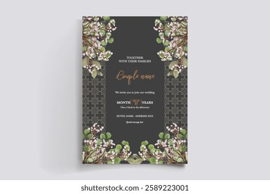 WEDDING INVITATION FRAME WITH FLOWER DECORATIONS AND FRESH LEAVES 