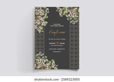 WEDDING INVITATION FRAME WITH FLOWER DECORATIONS AND FRESH LEAVES 