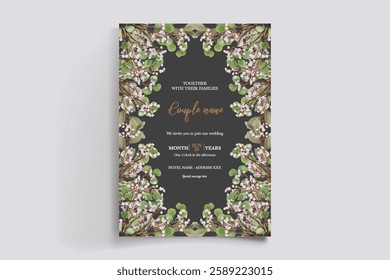 WEDDING INVITATION FRAME WITH FLOWER DECORATIONS AND FRESH LEAVES 