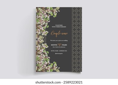 WEDDING INVITATION FRAME WITH FLOWER DECORATIONS AND FRESH LEAVES 