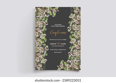 WEDDING INVITATION FRAME WITH FLOWER DECORATIONS AND FRESH LEAVES 