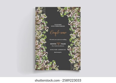 WEDDING INVITATION FRAME WITH FLOWER DECORATIONS AND FRESH LEAVES 