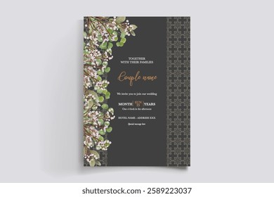 WEDDING INVITATION FRAME WITH FLOWER DECORATIONS AND FRESH LEAVES 