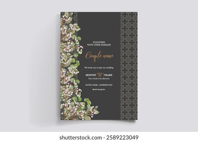 WEDDING INVITATION FRAME WITH FLOWER DECORATIONS AND FRESH LEAVES 