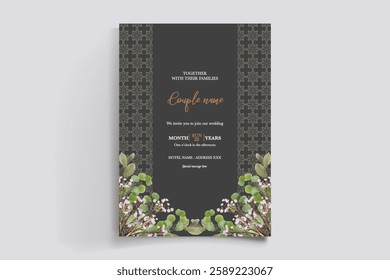 WEDDING INVITATION FRAME WITH FLOWER DECORATIONS AND FRESH LEAVES 