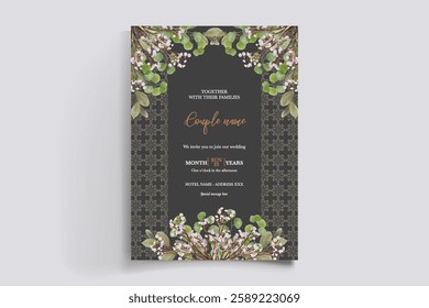WEDDING INVITATION FRAME WITH FLOWER DECORATIONS AND FRESH LEAVES 
