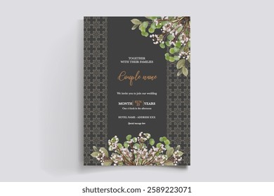 WEDDING INVITATION FRAME WITH FLOWER DECORATIONS AND FRESH LEAVES 