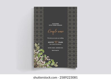 WEDDING INVITATION FRAME WITH FLOWER DECORATIONS AND FRESH LEAVES 
