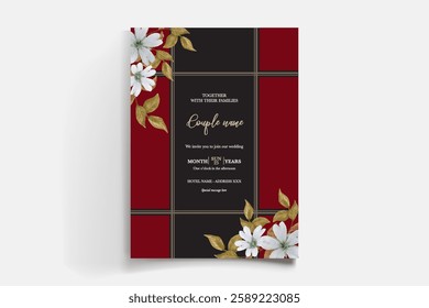 WEDDING INVITATION FRAME WITH FLOWER DECORATIONS AND FRESH LEAVES 