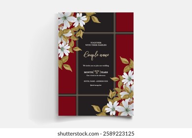WEDDING INVITATION FRAME WITH FLOWER DECORATIONS AND FRESH LEAVES 