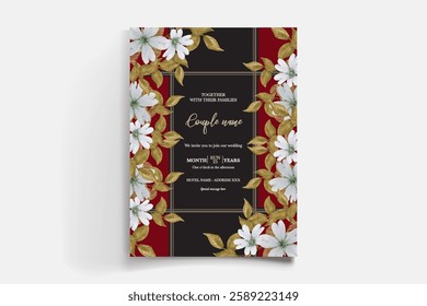 WEDDING INVITATION FRAME WITH FLOWER DECORATIONS AND FRESH LEAVES 