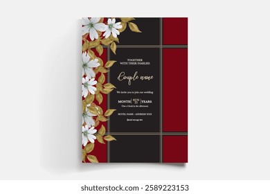 WEDDING INVITATION FRAME WITH FLOWER DECORATIONS AND FRESH LEAVES 