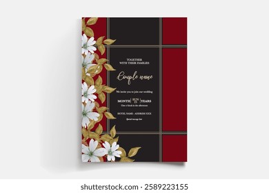 WEDDING INVITATION FRAME WITH FLOWER DECORATIONS AND FRESH LEAVES 