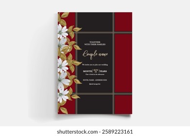 WEDDING INVITATION FRAME WITH FLOWER DECORATIONS AND FRESH LEAVES 