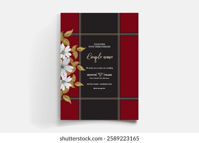 WEDDING INVITATION FRAME WITH FLOWER DECORATIONS AND FRESH LEAVES 