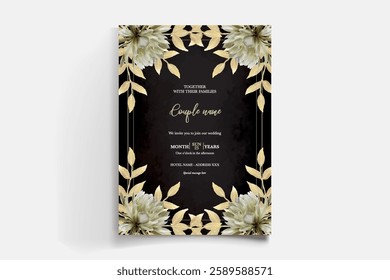 WEDDING INVITATION FRAME WITH FLOWER DECORATIONS AND FRESH LEAVES 