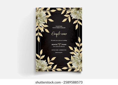 WEDDING INVITATION FRAME WITH FLOWER DECORATIONS AND FRESH LEAVES 