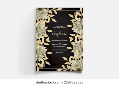 WEDDING INVITATION FRAME WITH FLOWER DECORATIONS AND FRESH LEAVES 