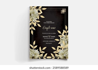 WEDDING INVITATION FRAME WITH FLOWER DECORATIONS AND FRESH LEAVES 