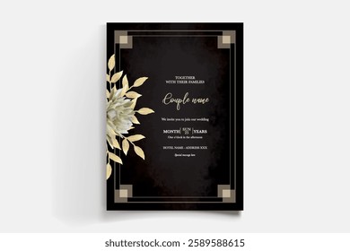 WEDDING INVITATION FRAME WITH FLOWER DECORATIONS AND FRESH LEAVES 