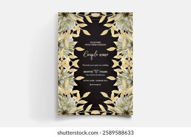 WEDDING INVITATION FRAME WITH FLOWER DECORATIONS AND FRESH LEAVES 