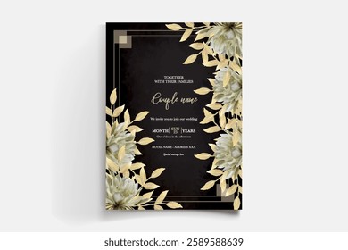 WEDDING INVITATION FRAME WITH FLOWER DECORATIONS AND FRESH LEAVES 