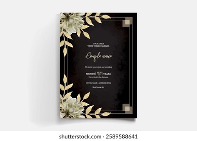 WEDDING INVITATION FRAME WITH FLOWER DECORATIONS AND FRESH LEAVES 