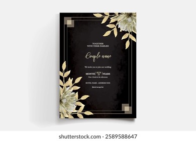 WEDDING INVITATION FRAME WITH FLOWER DECORATIONS AND FRESH LEAVES 