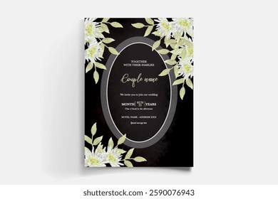 WEDDING INVITATION FRAME WITH FLOWER DECORATIONS AND FRESH LEAVES 