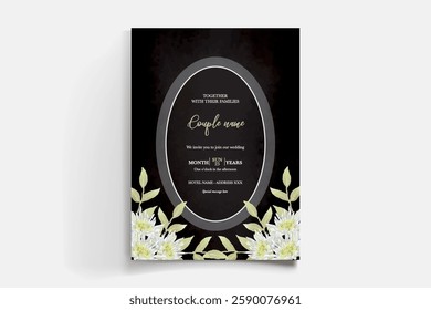 WEDDING INVITATION FRAME WITH FLOWER DECORATIONS AND FRESH LEAVES 